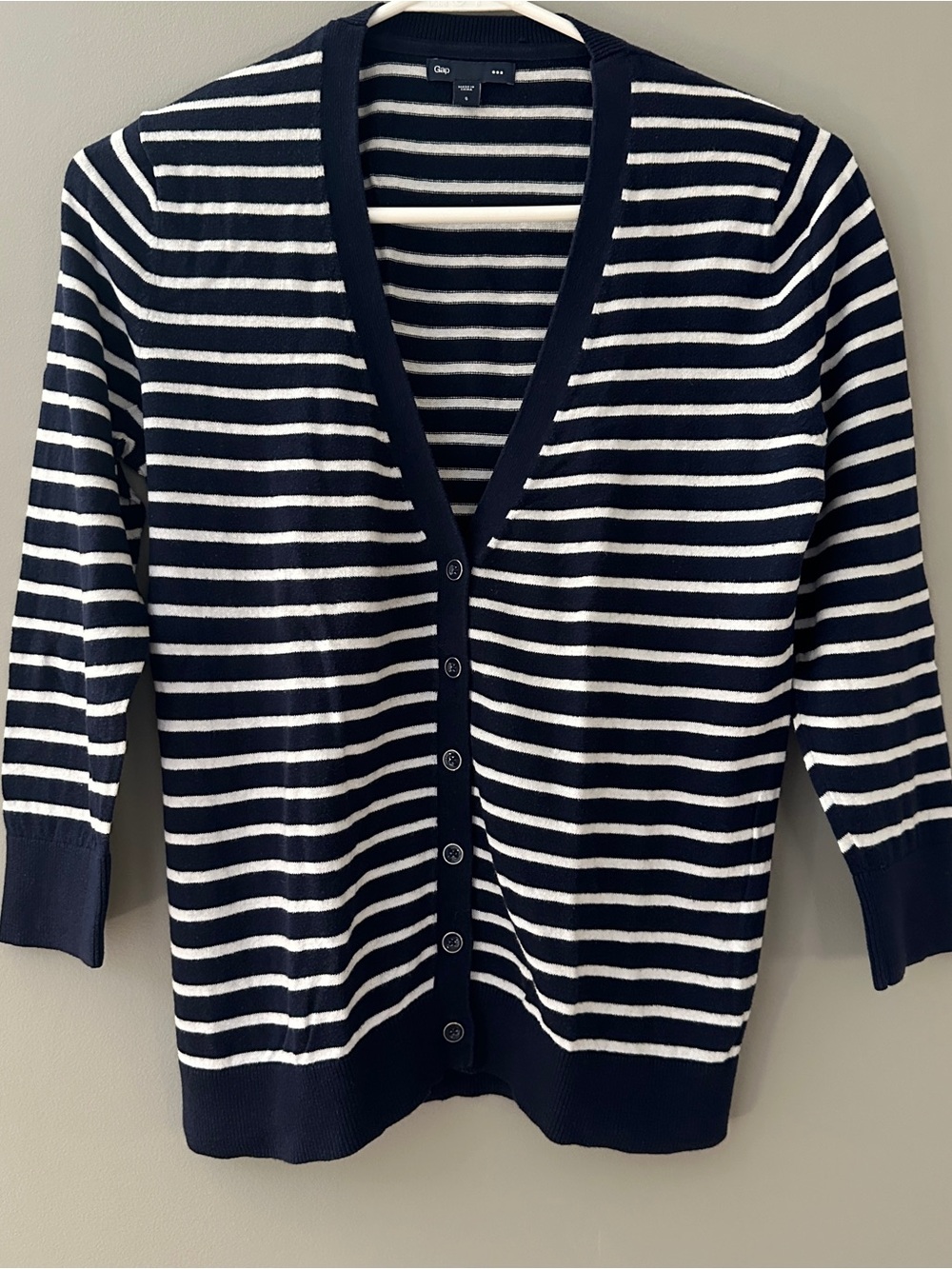 GAP Navy and White Striped V-Neck Button Cardigan